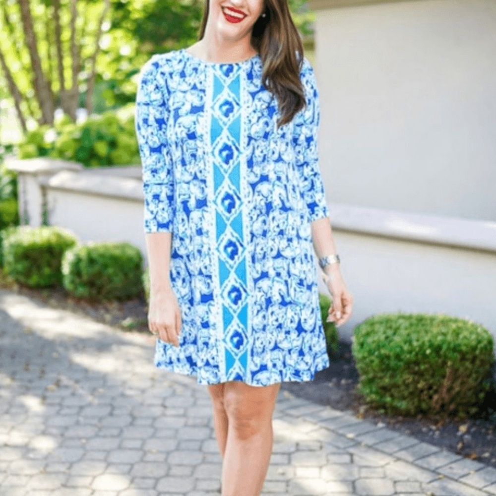 Lilly Pulitzer Ophelia Elephant Dress Blue White Long Sleeve Women's